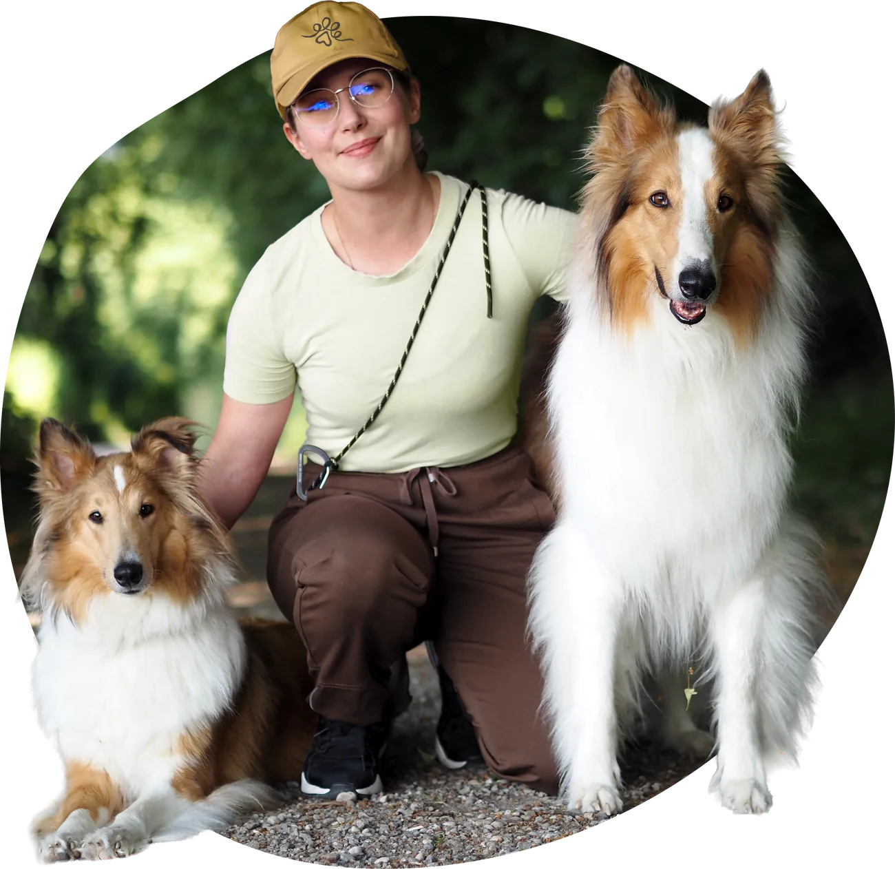 Hundebetreuerin Alexandra Wünsch kniet zwischen zwei Collies auf einem Waldweg